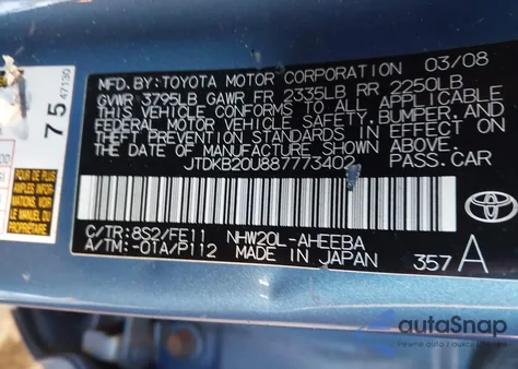 2008 Toyota Prius from USA, damaged, VIN JTDKB20U887773402